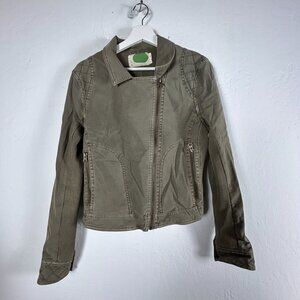 Anthropologie Womens Olive Green Zip-Up Easy Moto Jacket Medium Zipper-Pockets